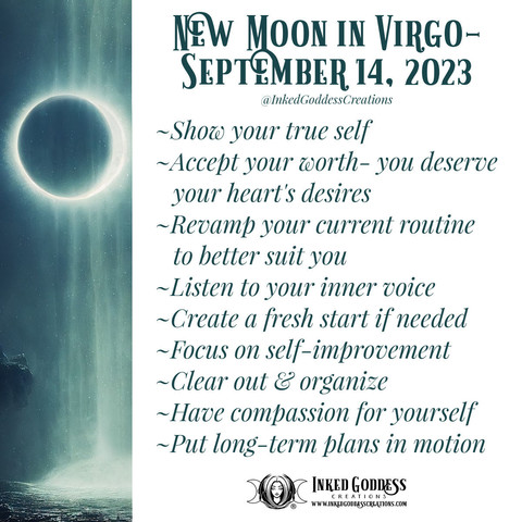 A graphic about the upcoming New Moon in Virgo on September 14th, 2023. It features an illustration of a new moon in the night sky behind a waterfall with a rocky shore and a palm tree. The text summarizes the types of energies this moon may bring and how to work with them. Presented by Inked Goddess Creations.