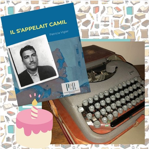 couverture du roman "il s'appelait Camil" de Patricia Vigier, avec une machine à écrire derrière et une bougie d'anniversaire au premier plan.