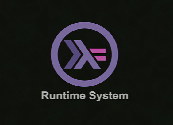 Haskell logo surrounded by circle captioned “Runtime System” in the style of the Bell System logo, with NTSC filter applied.