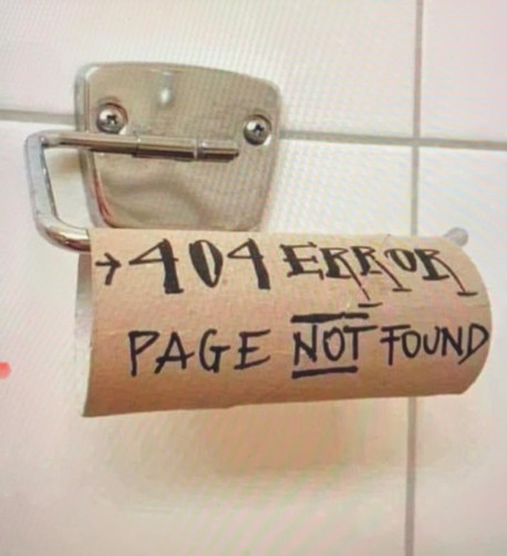 Leere Toilettenrolle im Halter.

Darauf steht: 404 Error, Page not found 