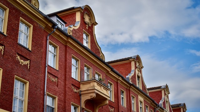 Ornate Baroque gables of red brick townhomes in Dutch Quarter, Potsdam