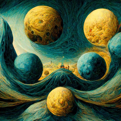 Vincent van Gogh style painting with a view of the planets. In the centre of the painting there are several details where one is not sure whether they are figures or shadows of familiar objects. In the middle, a landscape emerges as a view into a parallel universe.