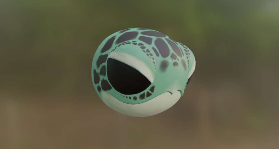 A 3/4 view of sculpt of a sea turtle's head, which is exaggeratedly round in a way that almost makes it look like a sphere