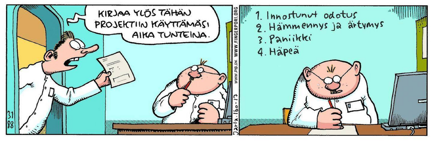 Fingerpori:

KIRJAA YLÖS TÄHÄN PROJEKTIIN KÄYTTÄMÄSI
AIKA TUNTEINA.

1. Innostunut odotus 
2. Hämmennys ja ärtymys
3. Paniikki
4. Häpeä