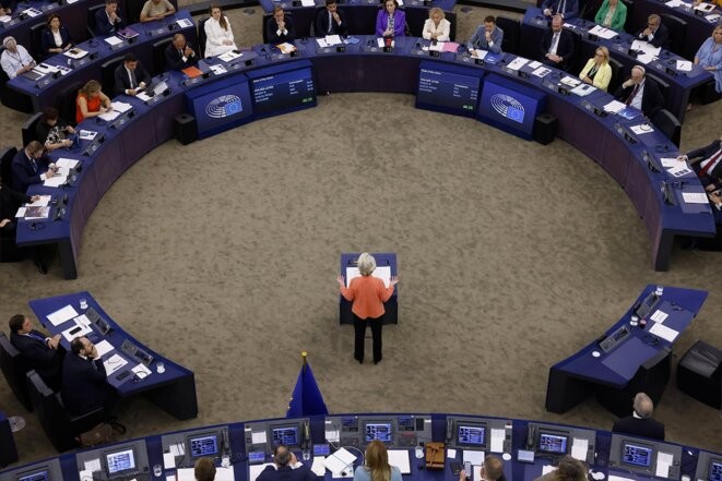 Ursula von der Leyen prononce son discours annuel sur l'état de l'Union au Parlement européen, le 13 septembre 2023. © Photo Jean-Francois Badias / AP via SIPA