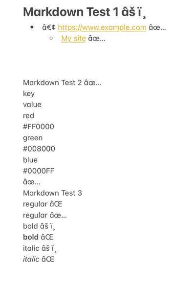 Screenshot showing a note with lists and links, but also mojibake errors, no tables and no basic text formatting