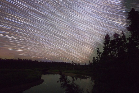 Night time image.  Overlooking a meandering brook. Some nearby trees to the right and a forest of trees beyond the brook. Above the horizon is the night sky with the star trails looking like comets. Stars giving the appearance of moving upper left to lower right. Reflections of the stars are visible in the brook. 