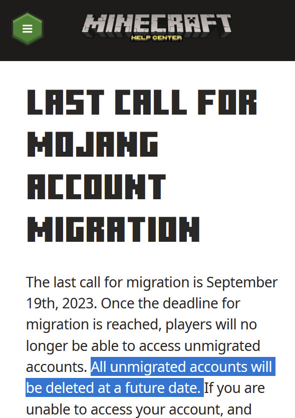 Is Mojang account deleted after migration?