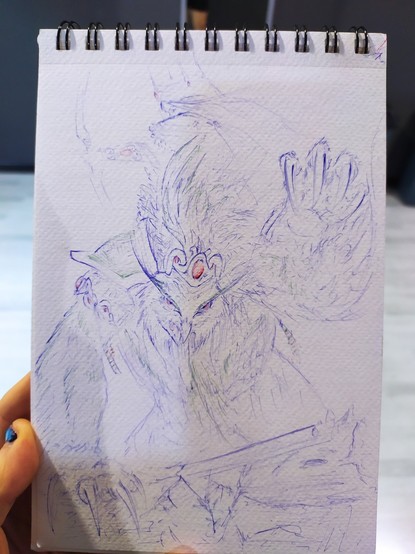 A pen sketch of a fantasy archer with an attacking owlbear companion