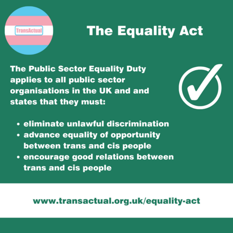 The Public Sector Equality Duty applies to all public authorities, such as councils and schools, and states that these authorities must: eliminate unlawful discrimination advance equality of opportunity between transgender and cisgender individuals encourage good relations between transgender and cisgender individuals. 