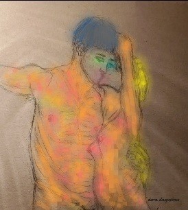 Pencil drawing, digitally enhanced, of a man and a woman kissing