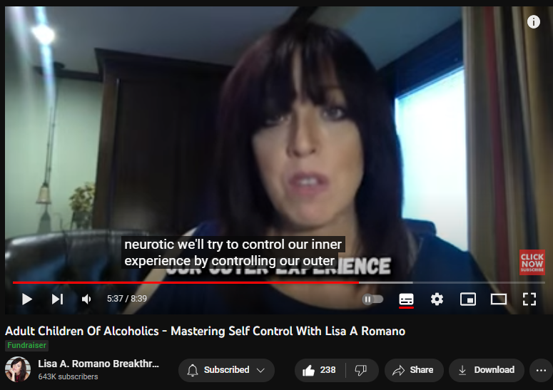 Adult Children Of Alcoholics - Mastering Self Control With Lisa A Romano
https://www.youtube.com/watch?v=AXVSO407Hvg
1,810 views  11 Sept 2023  SIGNS OF TOXIC RELATIONSHIPS
#selfdiscovery #codependencyrecovery #adultchildrenofalcoholics For many of us who have grown up in households affected by alcoholism, self-control can become a complex and often misunderstood struggle. The very act of tuning in with oneself can feel foreign, as they've been conditioned to deny and ignore their own needs while navigating the unpredictable terrain of their environment.

This video shines a light on the hidden control issues that often linger beneath the surface, stemming from these early experiences. It's time to break free from these patterns and discover a path toward authentic self-control and self-awareness. Living in a home controlled by denial results in controlling dynamics which makes a childhood unpredictable. 

In this enlightening video, Lisa A. Romano delves deep into the essential art of self-control, especially for those who have experienced the unique challenges of being an unrecovered Adult Child of an Alcoholic (ACOA). It's time to understand the roots of control issues and learn how to tune in with yourself for a healthier, happier life.