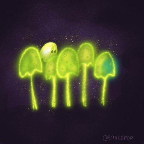 A small group of musrooms glow green-yellow in a dark area of the forest. A small ghost makes its way among them, reflecting the phosphorescent glow.