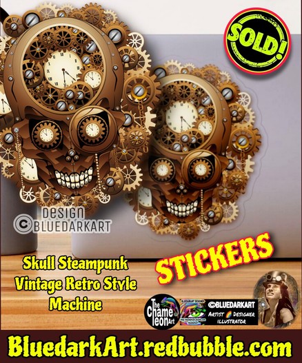 Steampunk Skull Art Copyright BluedarkArt TheChameleonArt ● Stickers available for sale in the BluedarkArt Redbubble Shop