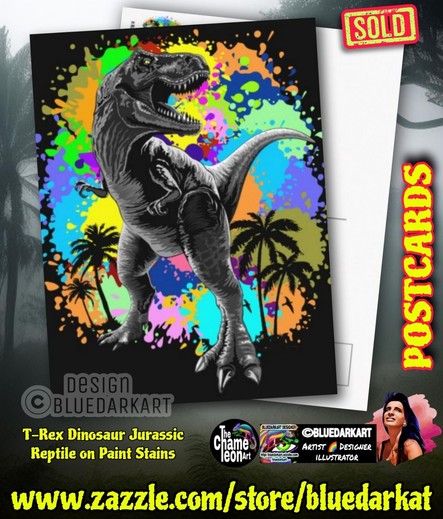 T-Rex Dinosaur on Paint Stains ● Art Copyright BluedarkArt TheChameleonArt ● Postcards available for sale in the BluedarkArt Zazzle Store