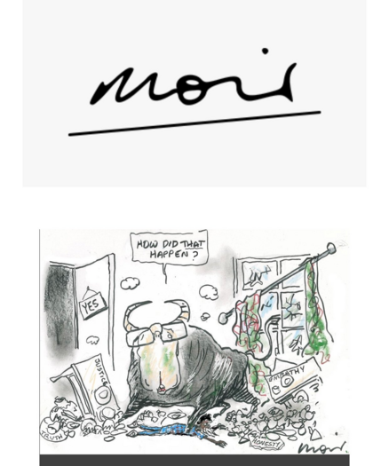 A duttn bull in a china shop
We see the bull shitter Dutton inside the [YES] room having smashed everything on their [JUSTICE] [EMPATHY] [HONESTY] trays 
He asks: "HOW DID *THAT* HAPPEN?"