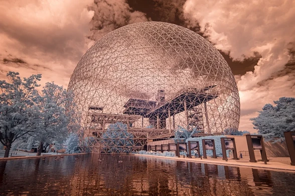 Biosphere reflecting over pool