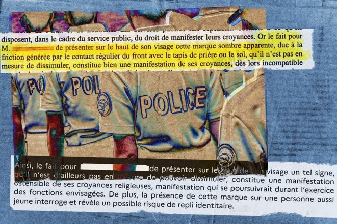 La police rejette un candidat musulman à cause d’une tache sur le front due à ses prières © Photo illustration Sébastien Calvet / Mediapart avec AFP