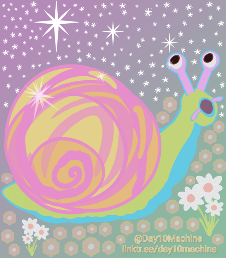 Digital Illustration. 
A candy rainbow colored snail in a field of peach and white flowers under a starry lavender sky notices how lovely the sky is, and stares with his mouth agape like surprised Pikachu