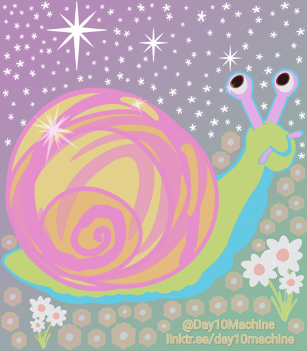 Digital Illustration. 
A candy rainbow colored snail in a field of peach and white flowers under a starry lavender sky notices how lovely the sky is, and smiles contentedly
