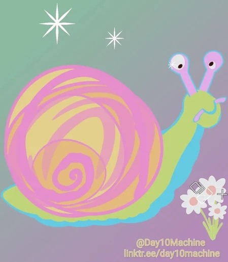 Digital Illustration. 
A candy rainbow colored snail next to peach and white flowers under a starry sky. The snail's eyes are different sizes and pointing wildy different directions