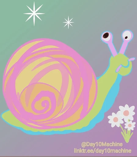 Digital Illustration. 
A candy rainbow colored snail next to peach and white flowers under a starry sky. The snail's irises and pupils are different sizes and pointing wildy different directions