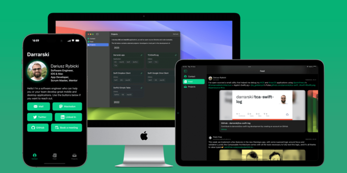 Darrarski.app screenshots on iPhone, iMac, and iPad