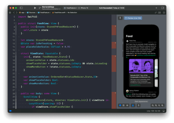 Screenshot of Xcode running feed screen preview
