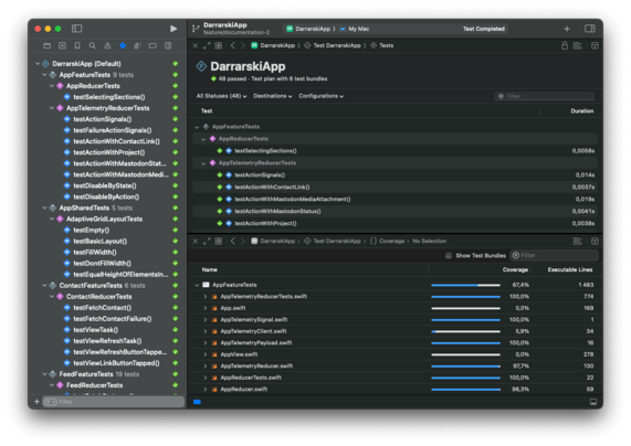 Screenshot of Xcode test results