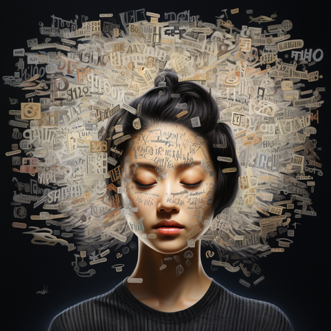 ai-generated image of a woman's face, eyes shut, indistinct letters and words swirling around her head
