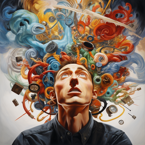illustration of a man with various nondescript objects flying around his head