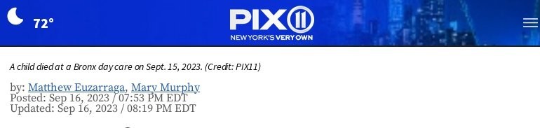 Baby dead at bronx day care
Headlines Pix11 New York 2023 Sept.16