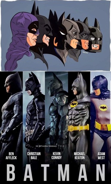 Two montages of various versions of Batman. The top montage has animated versions of Batman, from the AdamWest animated reboot to Lego Batman. The bottom has several live action versions in profile: Ben Affleck, David Albert Mazouz, Christian Bale, Michael Keaton, and Adam West.