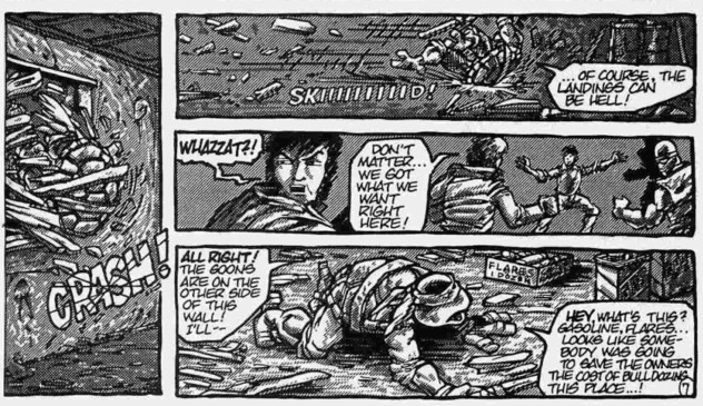 Too much text for full alt description with dialogue. Summary: Donatello, of Ninja Turtles fame, has spotted a kid being bulled by some older ones and has leaped down from a rooftop to help. 

Donnies crashes through shell first through a boarded up window and finds himself in a disused storeroom full of gas cans and road flares, assuming they must be from an abandoned fire insurance scam. 