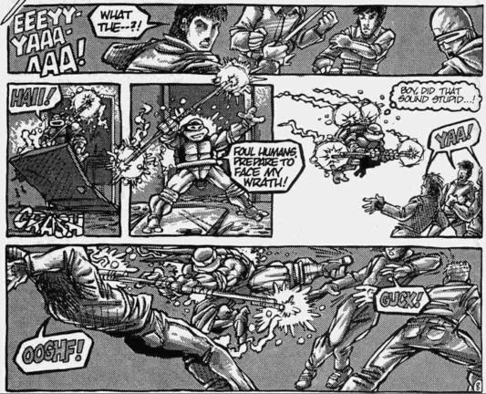 Page 2. To the bullies shock, Donnie busts down the door, having strapped the lit flares to the ends of his bo AND HIS OWN BODY so he can pretend to be a fire demon. 

This is the best solution the genius Ninja Turtle could come up with as an alternative to exposing himself to humans and compromising his secret existence. Setting himself on fire.