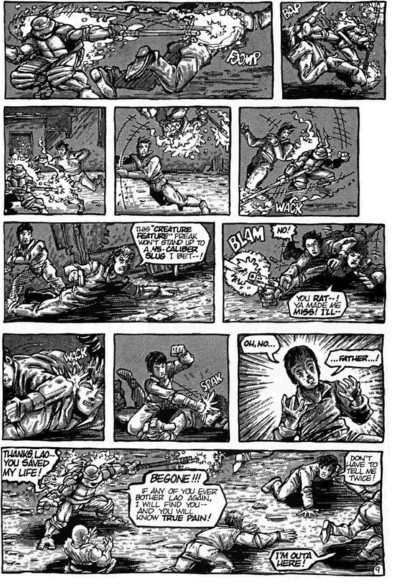 Page 3. Still merrily ablaze, Donnie makes quick work of the bullies with his ninja skills, but the furious gang leader is near enough to his dropped gun to try and shoot the turtle in the back. 

Lao, the kid Donnie's here to save, manages to leap on top of the punk, sending the shot wide and then getting a few righteous punches in, before recoiling in horror. 

(The story centres around the kid and Donnie's mutual pacifist beliefs, Lao's father having asked him never to resort to violence. It's not aged well and probably wasn't super culturally accurate to begin with but it's heart is in the right place)

Smackdown concluded, Don thanks Lao and resumes his demon shtick, melodramatically ordering the bullies to scram and never bother his friend again. 