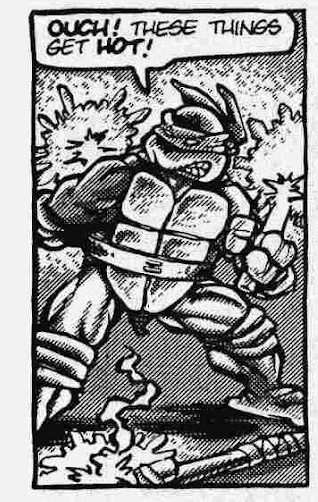 Panel of Donnie ripping the still blazing flares off himself, declaring, "OUCH! These things get HOT!" 