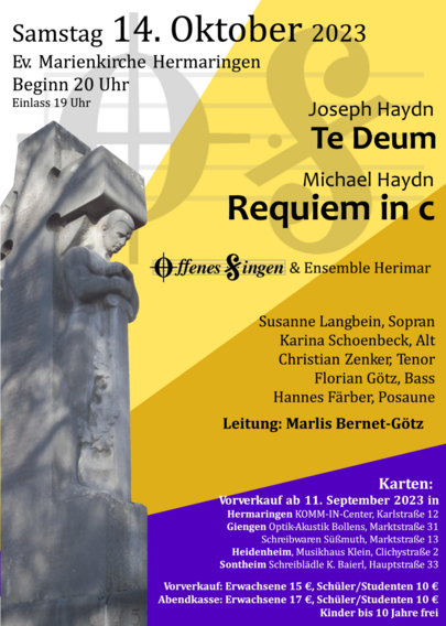 Konzertplakat mit einem Steinkreuz links und der Liste aller Beteiligten rechts