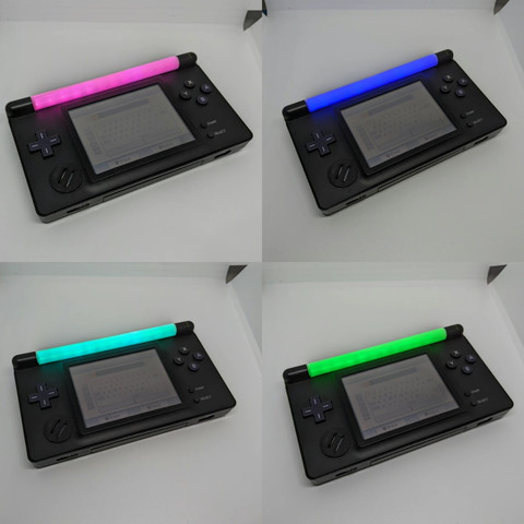 Four gameboy macro in a grid view with the hinge bar lite up in different colours (pink, blue, teal, green) 