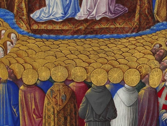 Detail of "Paradise" taken from "Très Riches heures du Duc de Berry", c. 1412-1416, Folio 126r ( https://commons.m.wikimedia.org/wiki/Très_Riches_Heures_du_Duc_de_Berry#/media/File%3AFolio_126r_-_Paradise.jpg ). A group of saints is watching something far away, and their halos look like sliced lemons.