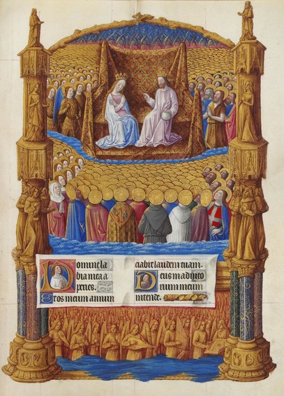 Page "Paradise" from "Très Riches heures du Duc de Berry", c. 1412-1416, Folio 126r ( https://commons.m.wikimedia.org/wiki/Très_Riches_Heures_du_Duc_de_Berry#/media/File%3AFolio_126r_-_Paradise.jpg ). In the middle of the page: A group of saints is watching something far away (Jesus), and their halos look like sliced lemons.