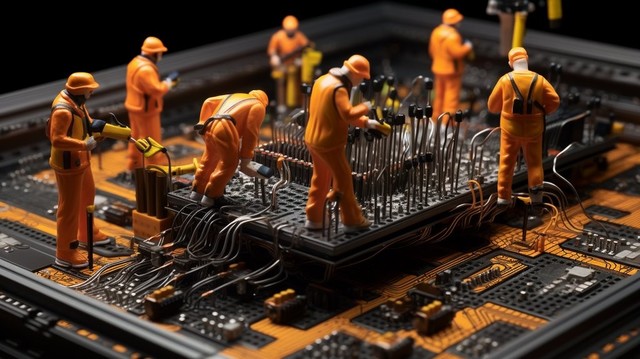 A group of construction workers pushing pins into a giant breadboard.