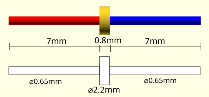A diagram of the bread hoard adapter pins. 7 mm on each side with a 0.8mm spacer in the middle.
