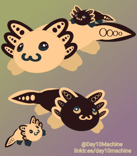 Digital Illustration 
A quartet of cartoonish axolotls swimming together in dim water. Half are primarily orange with some black, half are primarily black with some orange. They all have similar features. Half are about twice the size of the others.