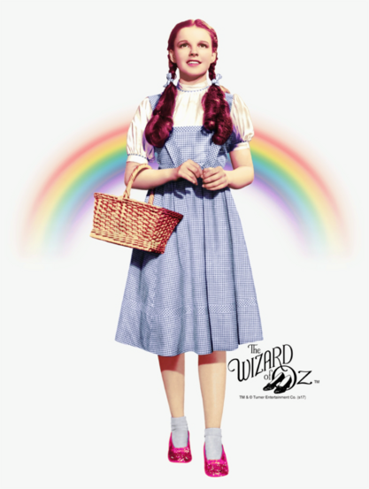 Image of Dorothy from the Wizard of Oz film (1939). She's smiling brightly with her wicker basket and shiny, ruby slippers. There's an airbrushed polychrome (the character?) behind her.