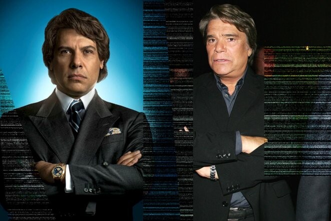 Laurent Laffite dans le rôle de Bernard Tapie (à gauche) et Bernard Tapie à Paris en 2006 (à droite). © Photomontage Mediapart avec Netflix et AFP