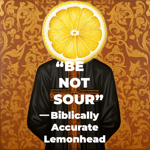 The image is an ornate wallpaper design in the back, in gold and orange. In the center is a kind of greek orthodox icon painting, flat aspect, of a christian saint, but viewed from behind. Where the holy halo would be, behind the saint's head, is a large slice of lemon.

Overlaid on the image is the text: "Be Not Sour"—Biblically Accurate Lemonhead