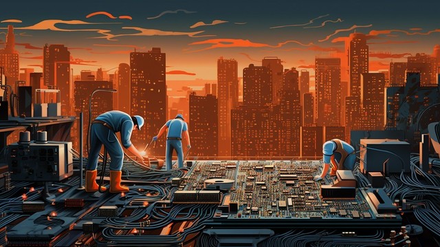Workers standing on a giant circuit board laying down wires over looking a city.