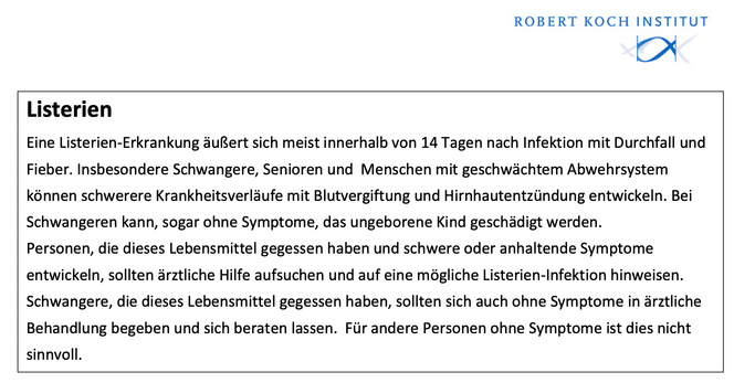 Textvorschlag des Robert Koch-Instituts zur Verwendung bei öffentlichen Warnungen und Informationen zu Lebensmitteln, von denen eine Gesundheitsgefährdung von Verbraucherinnen und Verbrauchern durch mikrobielle Krankheitserreger ausgeht (Stand 11.07.2017)