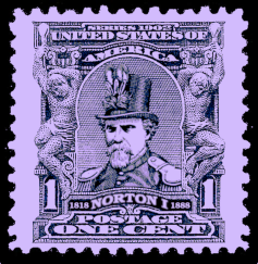 Old-fashioned one-cent postage stamp with an engraved portrait of a man with a goatee and moustache, wearing a top hat decorated with feathers in front. Beneath him, it says "1818 - NORTON I - 1888"